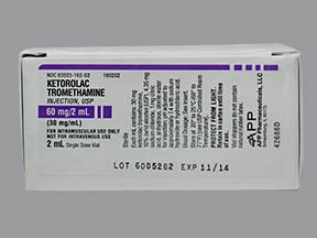 Ketorolac Tromethamine Injection, USP Novaplus SDV for Intramuscular use only. Not for Intravenous use. 60mg per 2mL (30 mg per mL) (25/BX 40BX/CS) by Fresenius Kabi USA, LLC.  ID 63323-162-14